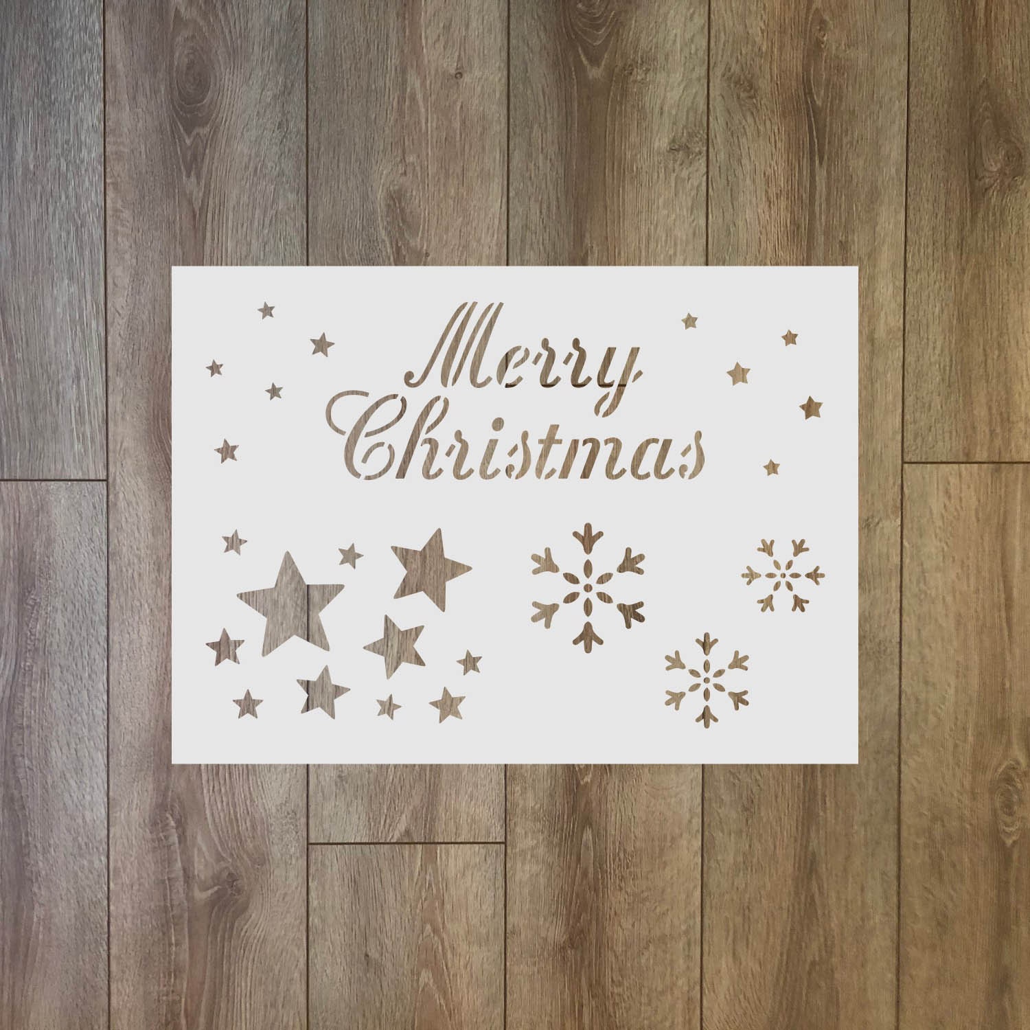 Merry Christmas text with stars and snowflakes - Christmas / Winter Reusable Plastic Stencil